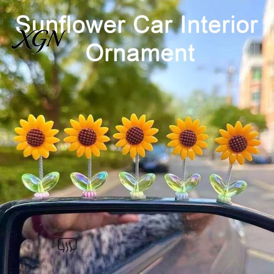 Car Interior Decor for Teen Girls Sunflower Dashboard Decor, Resin Wobble Flower Ornament with Non Cute Slip Adhesive, Shaking Rearview Mirror Office