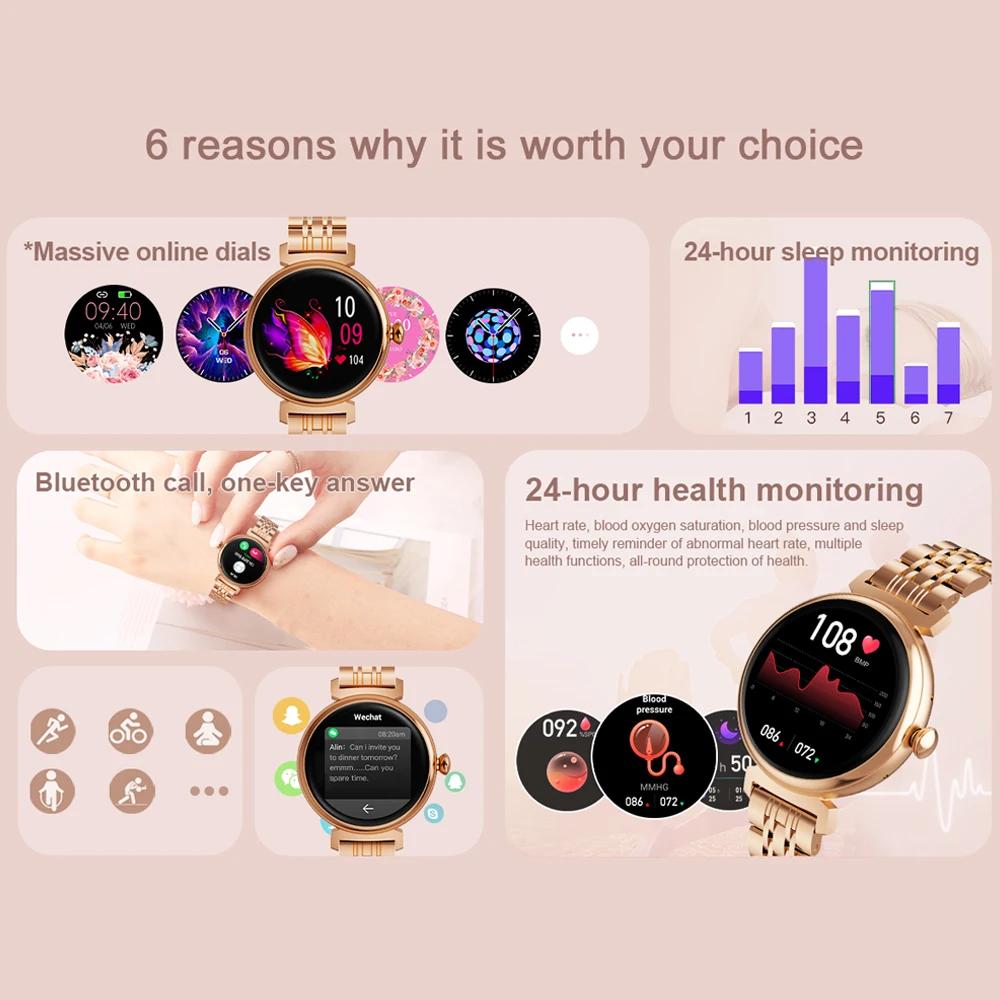 1,04-дюймовый экран Модные женские умные часы Экран всегда включен Bluetooth-звонки Умные часы Металлический корпус Маленький экран Часы