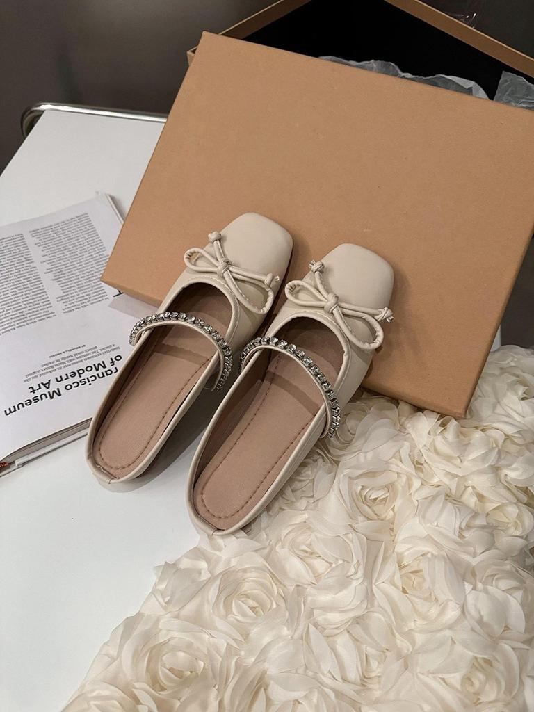 Плоские серебристые нежные полутапочки с сумочкой на голове, туфли-феи, новинка 2024 года, весенние и летние туфли с бантом