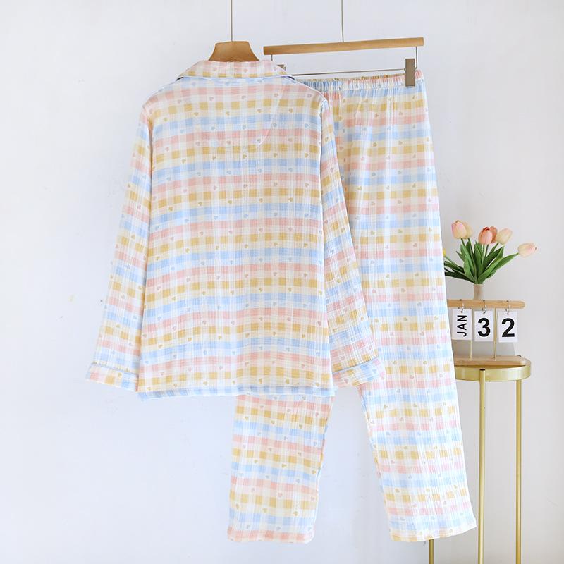 2025 Spring/Summer New Women's Pajama Set 100% Cotton Crepe Collar Love Plaid Long Sleeve Long Pants Home Clothing Set Ladies