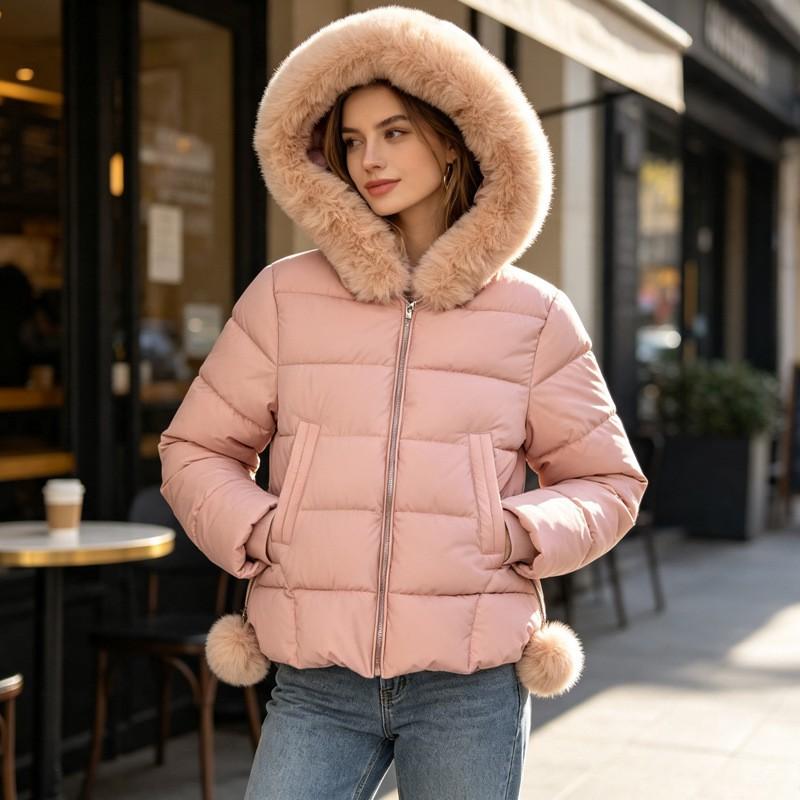 Womens Pink Hooded Cotton Puffer Coat Short Loose Warm Winter Jacket With Faux Fur Trim