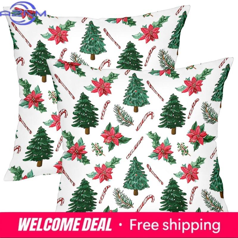 1 Pieces Christmas Tree Candy Cane Poinsettia Pattern Pillow Polyester Pillowcase, Sofa Decorative Cushion Cov Headboard Pillow