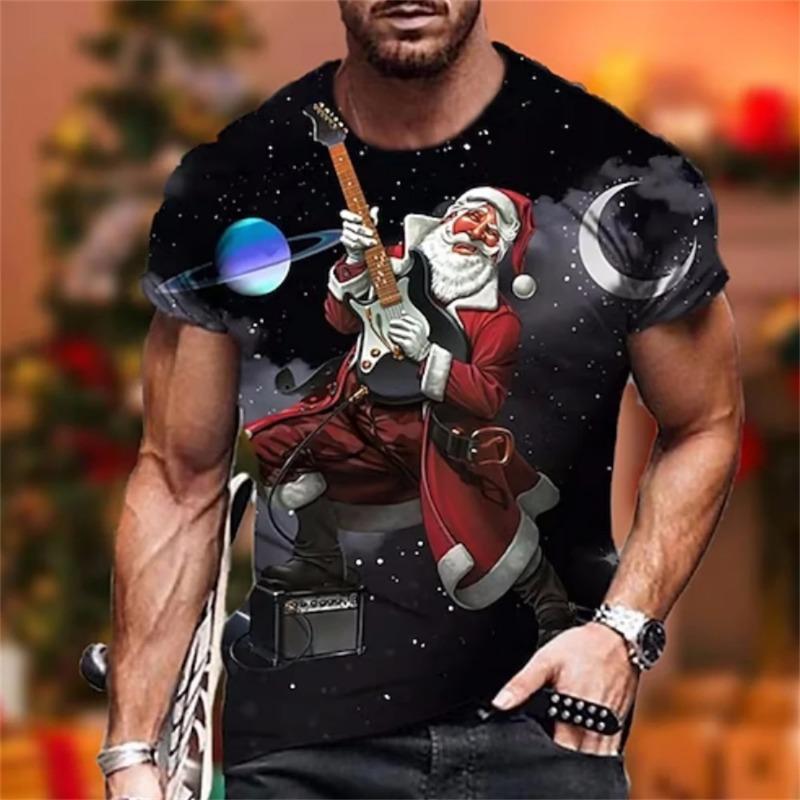 Men's Summer Christmas Print 3dt Shirt O Collar Short Sleeve Santa Claus Holiday Party Casual Loose Plus Size Top Clothing T-Shirts Men’s
