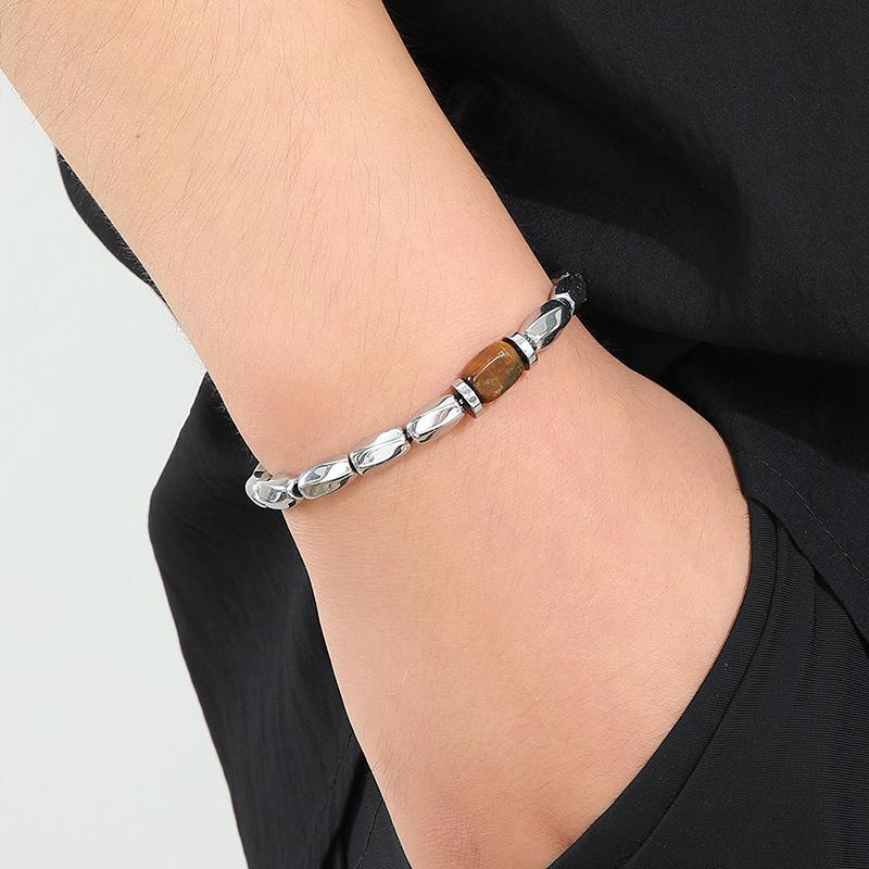 Винтажный Браслет из Тигрового Глаза для Мужчин Неправильной Формы Серебристого Цвета Браслет из Бусин Gallstones Крутой Эластичный Браслет Подарок