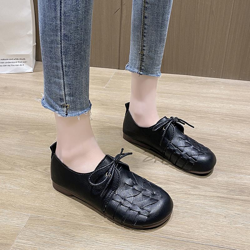 2024 2024 Женские новые весенне-летние туфли с круглым носком и плоской подошвой Женские кожаные туфли с мягкой подошвой Одинарные туфли