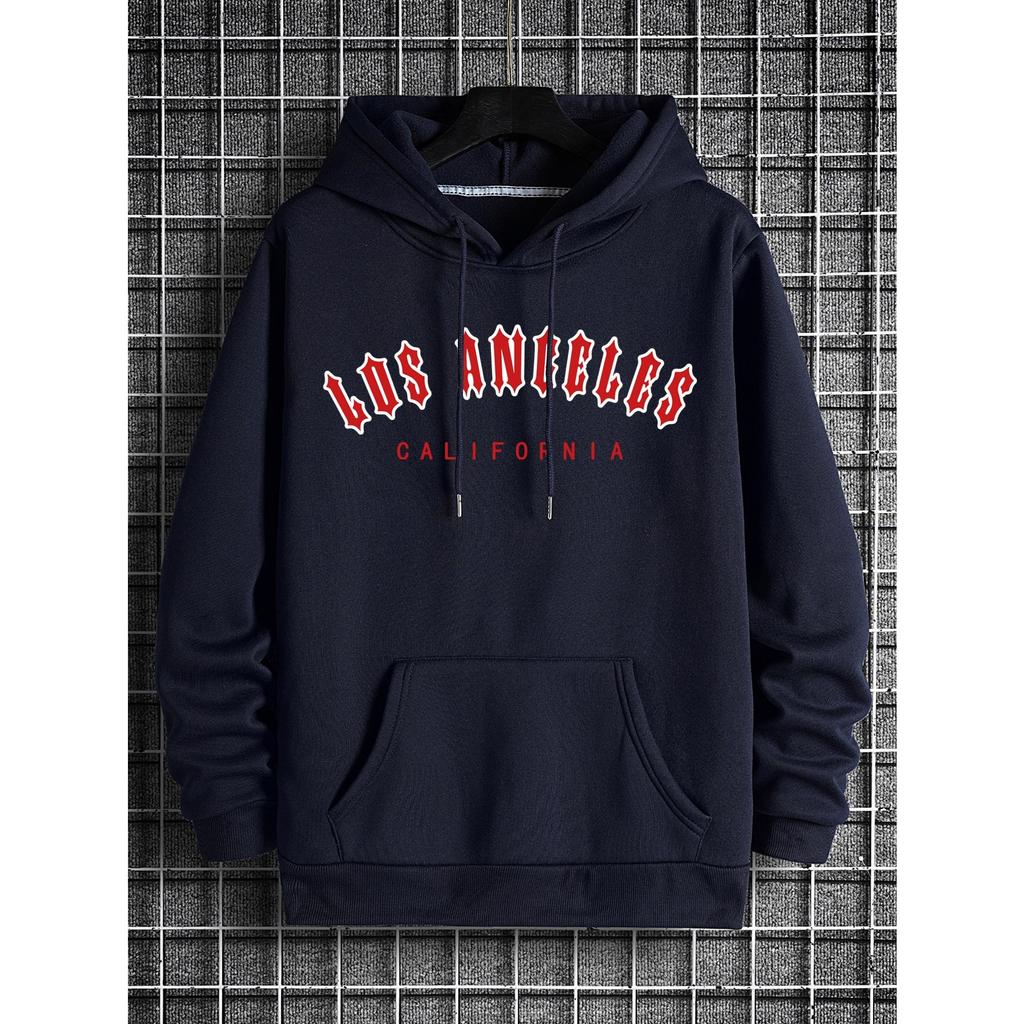 Толстовка с капюшоном Los Angeles Art Letter Pattern для мужчин с круглым вырезом, осенняя одежда, флисовая толстовка большого размера