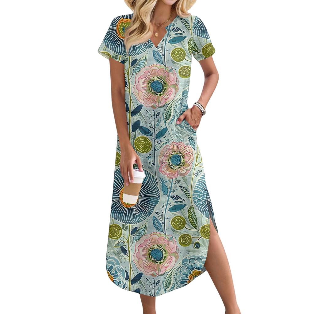 Women's Casual Comfortable V Neck Loose Hem Split Vacation Short Sleeve Floral Long Dresses