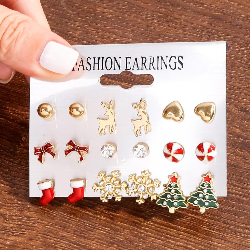 Exquisite Christmas Earrings: Diamond-Inlaid Tree, Snowflake, and Bell Studs