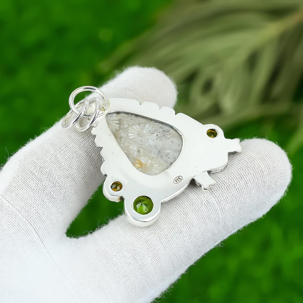 Womens day Deal Pear Natural Fossil Coral Citrine 925 Sterling Silver Pendant