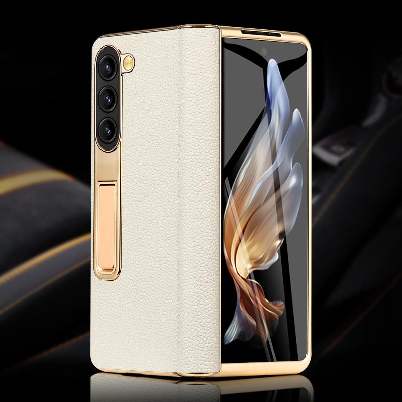 Кожаный чехол для телефона Samsung Galaxy Z Fold 6 5 4 3 Fold6 Fold5 с позолоченным магнитным шарниром и подставкой, задняя крышка с зеркальной пленкой