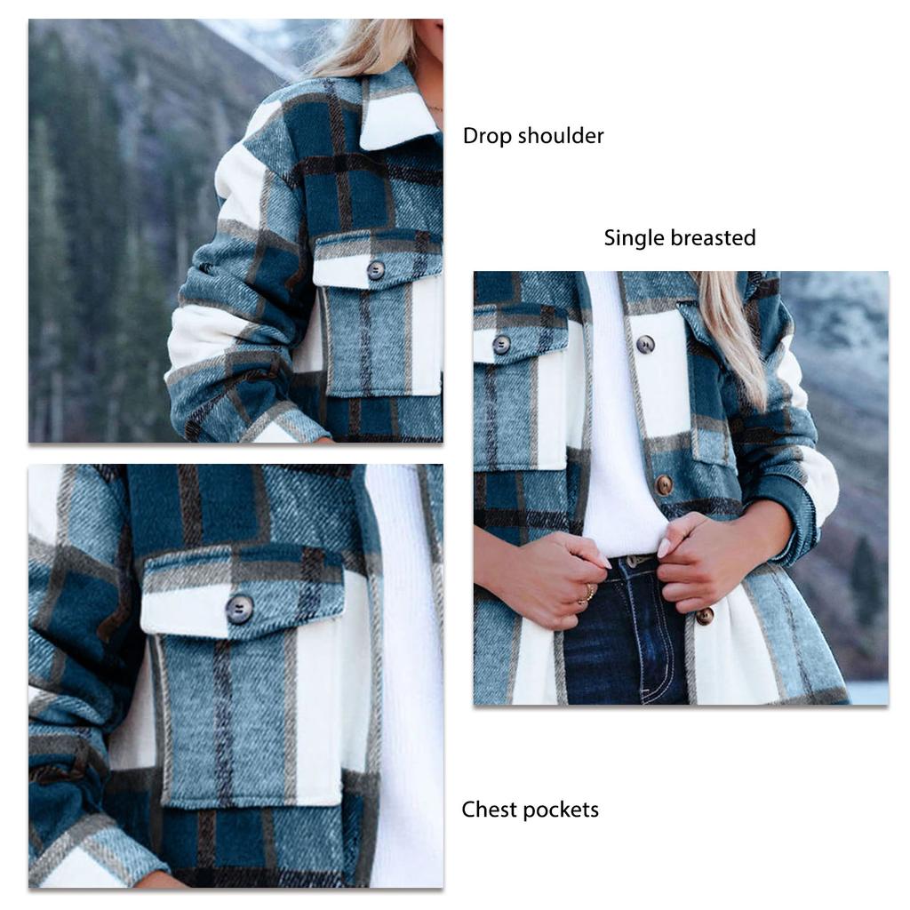 Women Long Sleeve Shacket Drop Shoulder Loose Fit Plaid Shirt Jacket with Chest Pockets Blue XXL