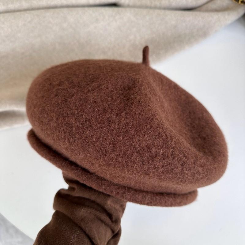 Two Hat Edges~ Maillard Coffee Color Three-Dimensional Thickened Wool Beret Women'S Autumn And Winter Modified Face Shape Versatile Hat