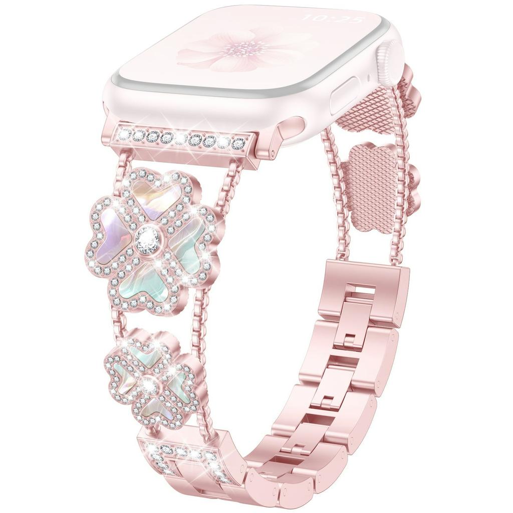 Metal Strap for Apple Watch Series 10 9 8 7 SE 6 5 4 3 2 1 42mm 41mm 40mm 38mm Heart Clover Rhinestone Decor Watch Band