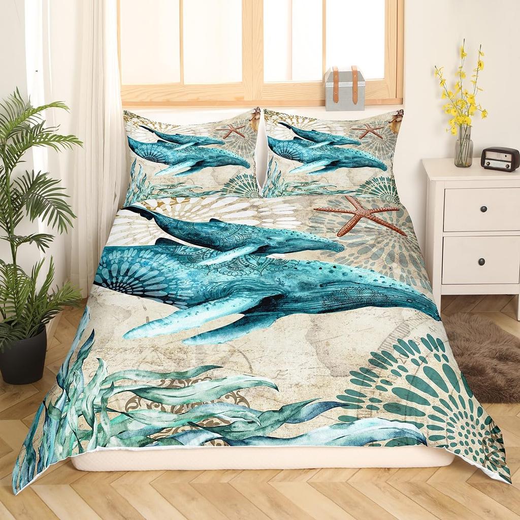 Erosebridal Mermaid Tail Comforter Cover,Kids Fish Scales Duvet Cover Twin,Girly Shell Starfish Bedding Set Ocean Life Sea Animal Bed Sets P