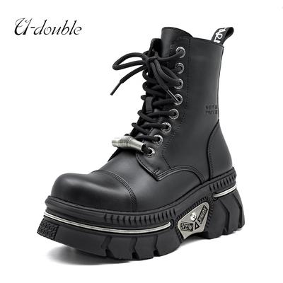 Новые женские ботильоны на платформе в стиле панк, женские рок-ботинки с круглым носком, на шнуровке, модные ретро-ботинки с металлическим декором, короткие ботинки