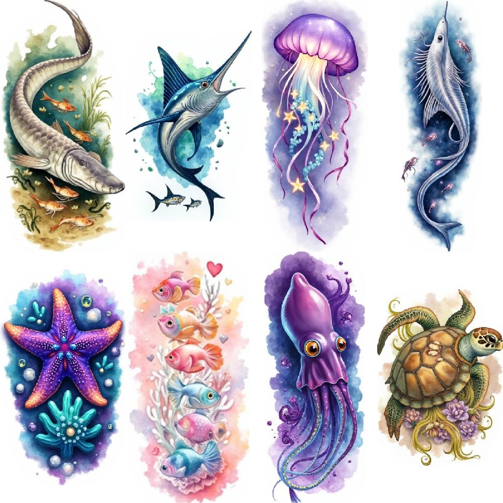 12 шт. Временные татуировки Боевые рыбки Разноцветные Реалистичные Морские звезды Странные рыбы Водонепроницаемые Долговечные Наклейки на тело Улитка Для