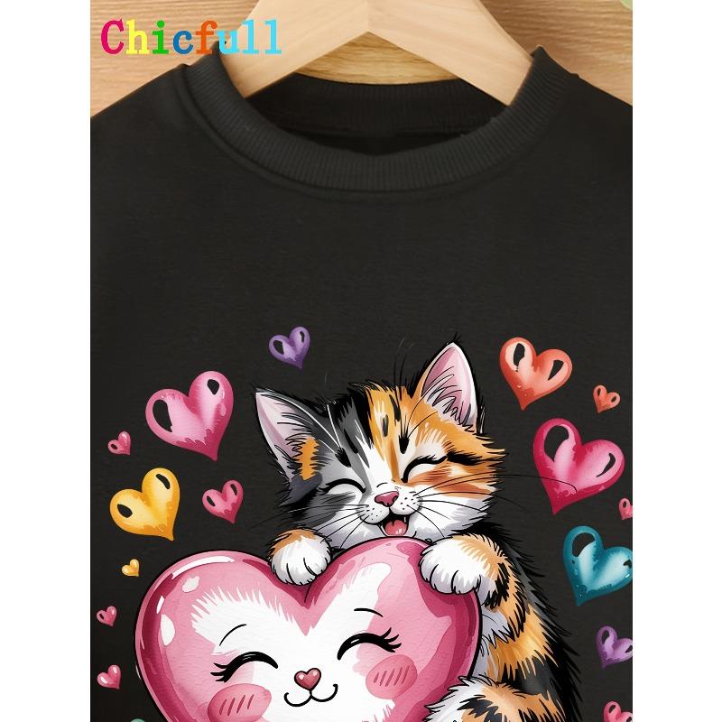Европейские размеры День Святого Валентина Детская Милая Модная Толстовка с Длинным Рукавом Весна Осень с Рисунком Мультяшного Кота и Сердечками