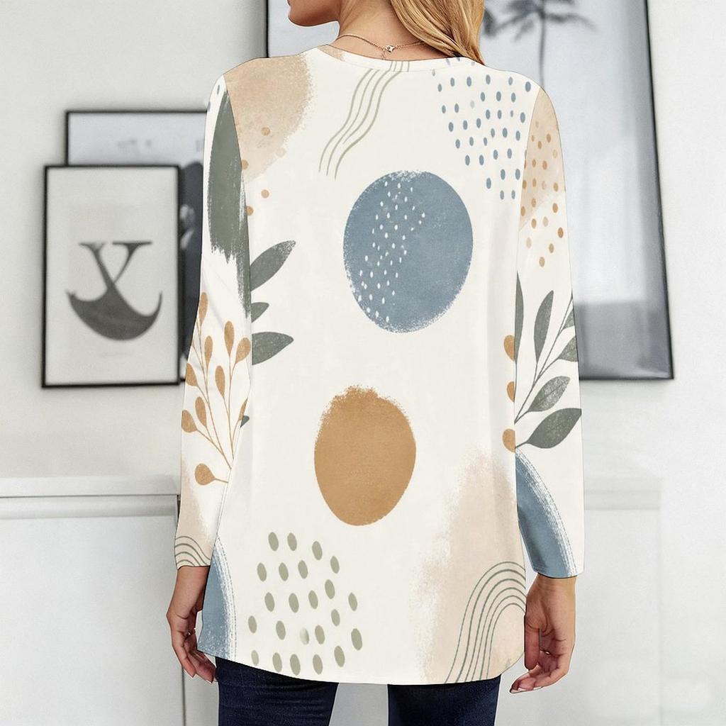 Women Plus Size Round Neck Long Sleeve Blue White Tie Dye Printed Loose Longline T Shirt With Pockets