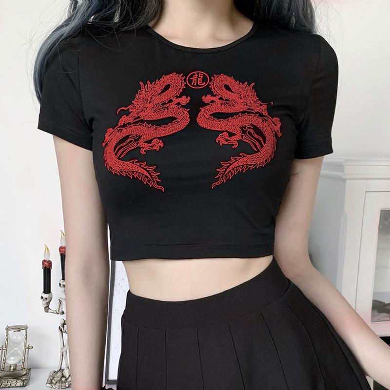 2024 Dragon Print Women's Cotton Crop Top - Short-Sleeve, Versatile Chinese Style Fashion.