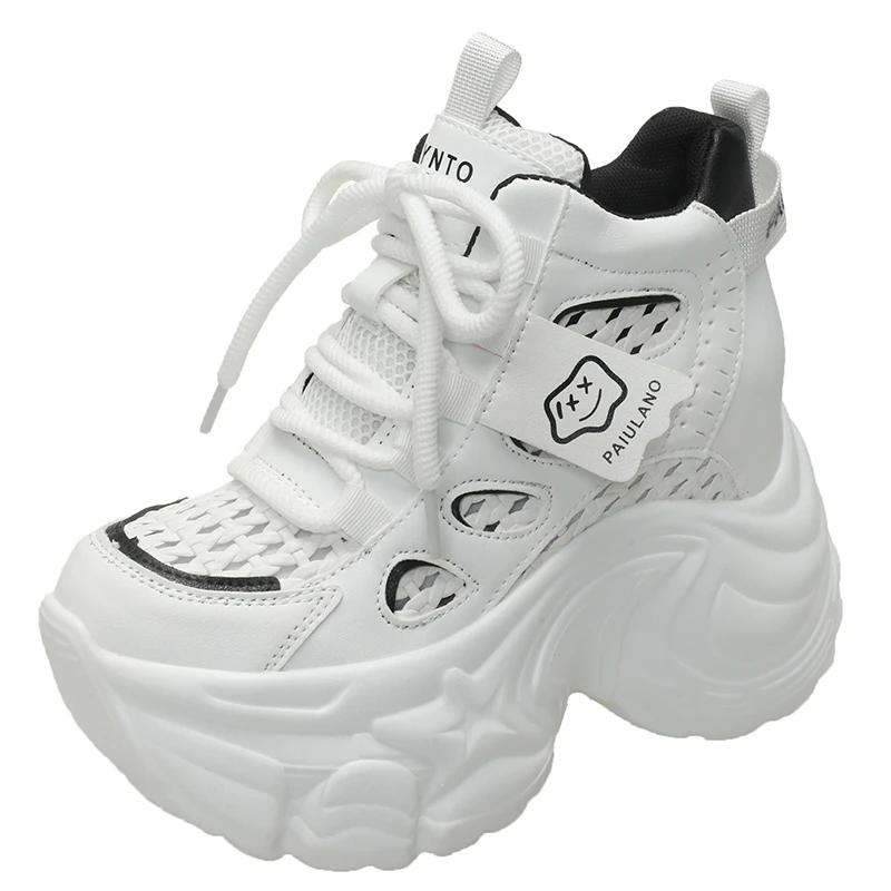 Модные 10-сантиметровые массивные кожаные кроссовки, летние повседневные вулканизированные туфли на шнуровке, женские кроссовки на высокой платформе, дышащие, с полым сетчатым верхом, спортивные кроссовки в стиле «папа»