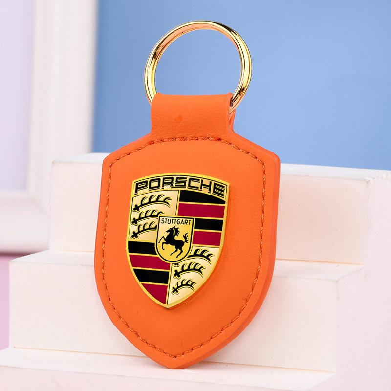 Car Leather Keychain Holder Shield Key Ring Chain Pendant Gifts For Porsche Macan 911 718 Taycan Panamera Cayenne Boxster Cayman