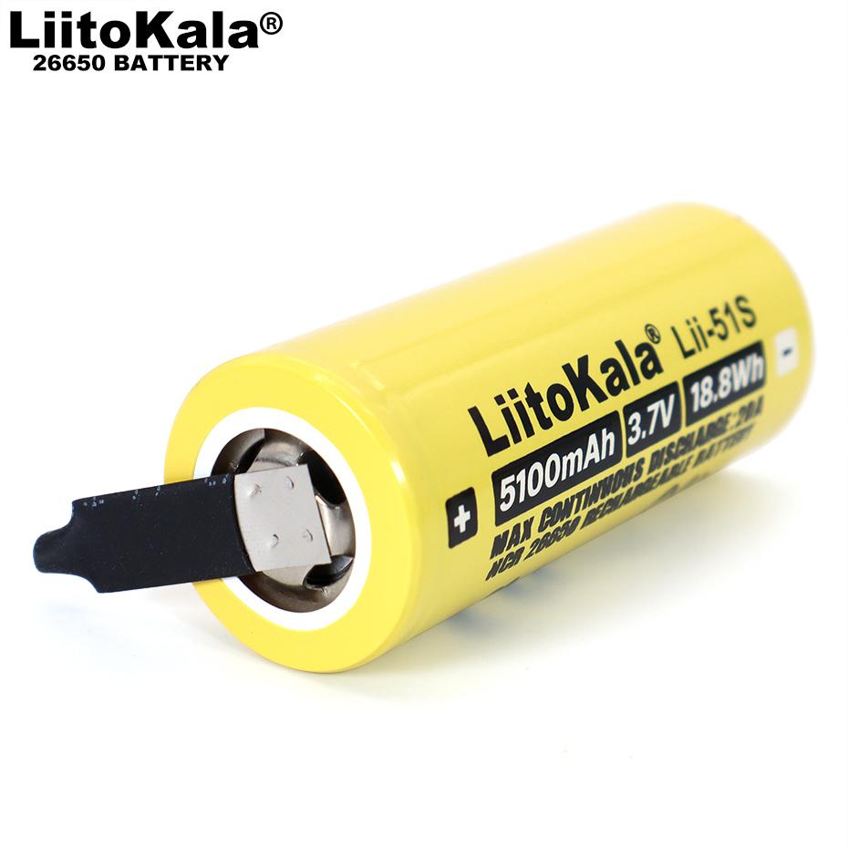 LiitoKala 3.7V Lii-51S 26650 20A аккумуляторная батарея 26650A литиевые батареи 3.7V 5100mA Подходит для фонарика+Nickel