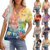 Женские топы с коротким рукавом V-образным вырезом, блузка, нарядная повседневная одежда с принтом и вышивкой, летняя модная одежда