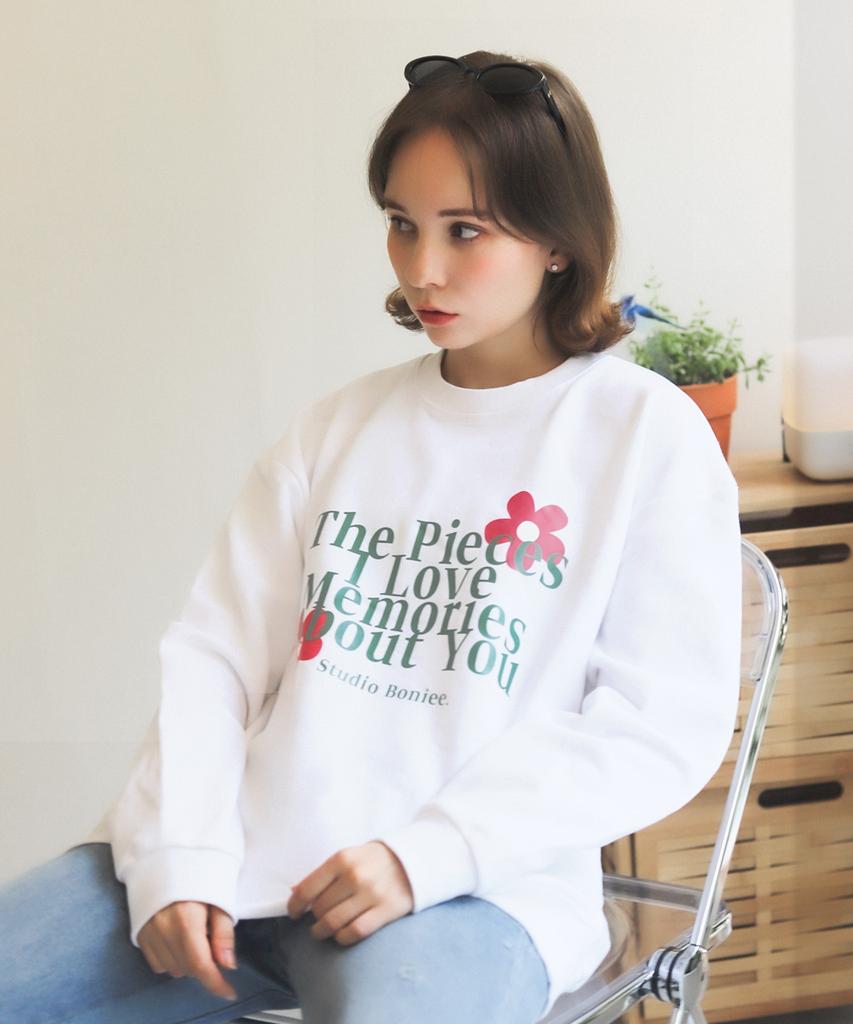 BONIEE [Fleece Lined] Memories Flower Flower Graphic Logo Graphic Oversized Sweatshirt White