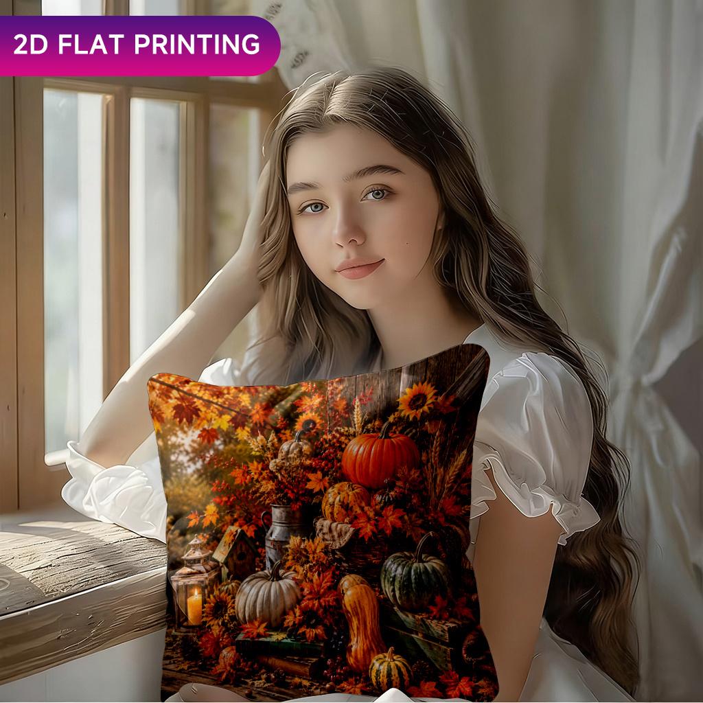 1pc Pillowcase, Autumn Pumpkin Harvest Decorative Cushion Cover, Soft And Comfortable Polyester Short Plush Fabric, Single-Sided Printed, Multi-Size O
