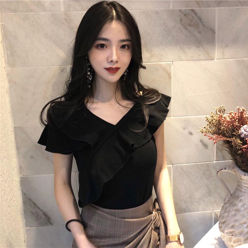 Women's Slash Neck Solid Short Sleeve Slim Ruffles T-Shirt