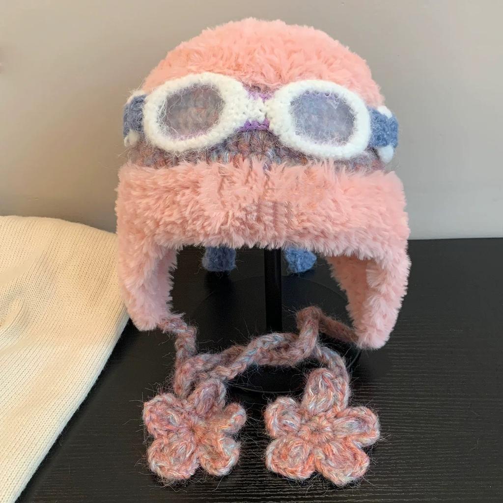 Autumn and winter velvet flying hat warm hat thickened cute glasses flying ear protector Lei Feng hat warm knitted hat