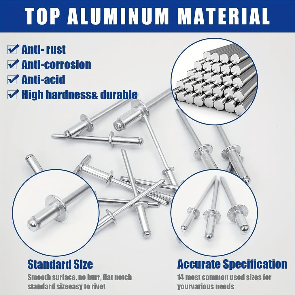 Набор алюминиевых вытяжных заклепок, 620 шт. - Доступно 14 размеров, включая вытяжные заклепки диаметром 1/8", 3/16", 3/32", 5/32"