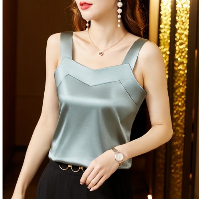 Летний дизайн для женщин, Нишевая внутренняя тонкая базовая рубашка для женщин, топ без рукавов с красивой спинкой из сатина