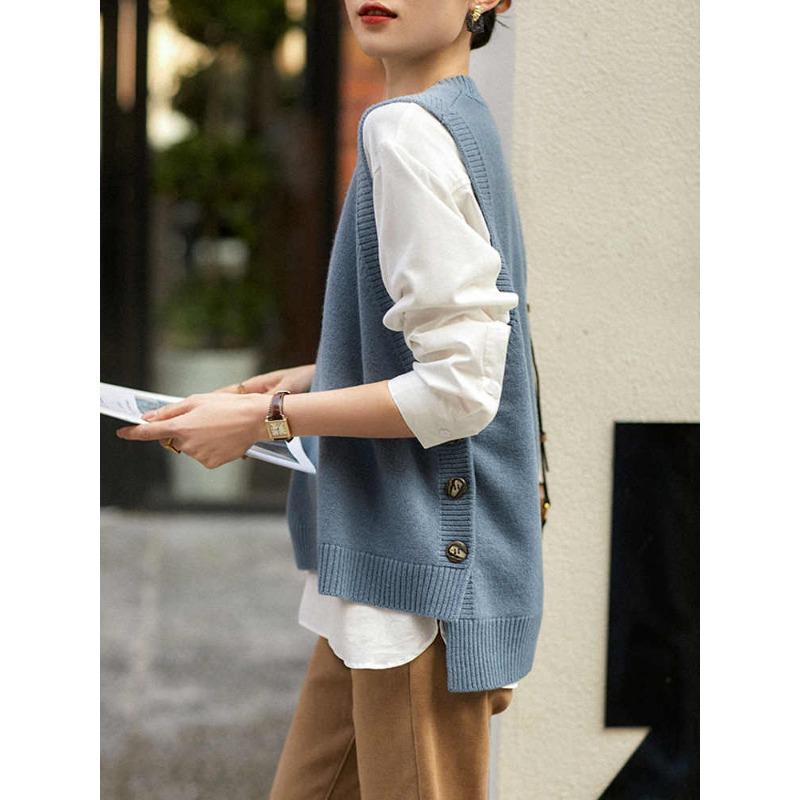 O Neck Fashion Sleeveless Women Knitted Sweater Vest Autumn and Winter Loose Simple New Office Tank Top Elegant Buttons Simple Clothing