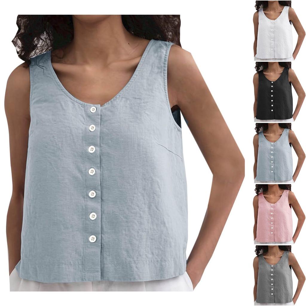 Модный свободный однотонный топ на пуговицах без рукавов Somen's Top