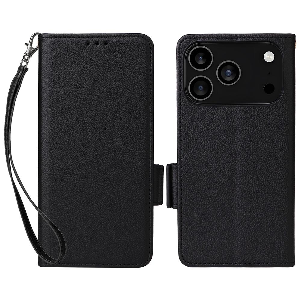 For iPhone 17 Pro Max Case with Wrist Strap Litchi Texture PU Leather Wallet Phone Cover