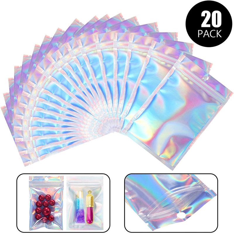 20pcs Holographic Flat Foil Bags Laser Mini Aluminum Zip Lock Plastic Bag Resealable Smell Proof Bags for Favor Food Storage Gift Package Supplies