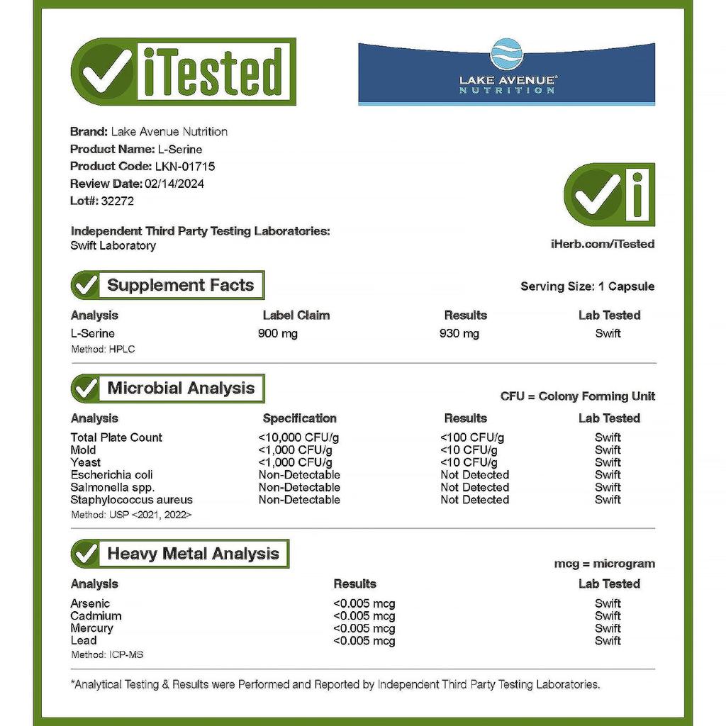 Lake Avenue Nutrition L-Serine, 900 Mg, 120 Veggie Capsules
