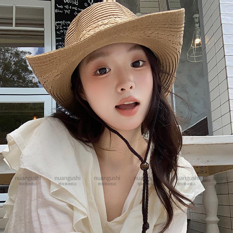 American retro western cowboy hat women's summer sunshade sun protection mountaineering straw straw hat seaside vacation wind beach hat