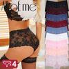 4PCS Women Sexy Lace Panties Floral Leaves Transparent Uderwear V-Waist Boyshort for Female Soft Breathable Intimates Lingerie