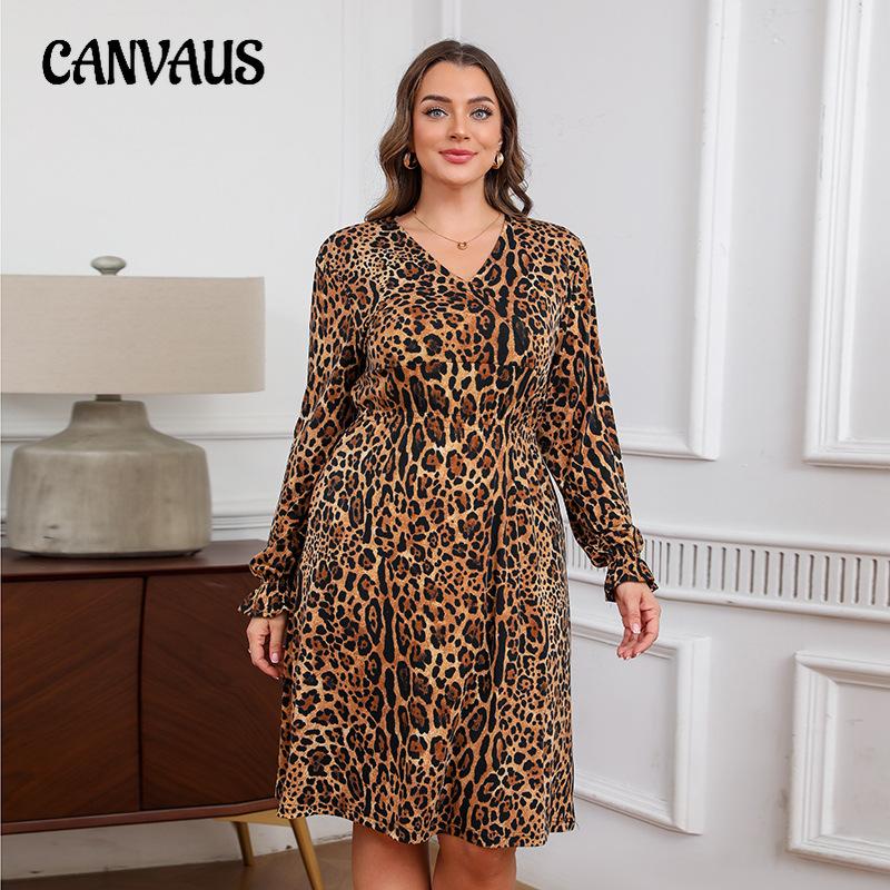 Осеннее эластичное трикотажное платье с леопардовым принтом и V-образным вырезом средней длины, сексуальное женское платье больших размеров с длинными рукавами