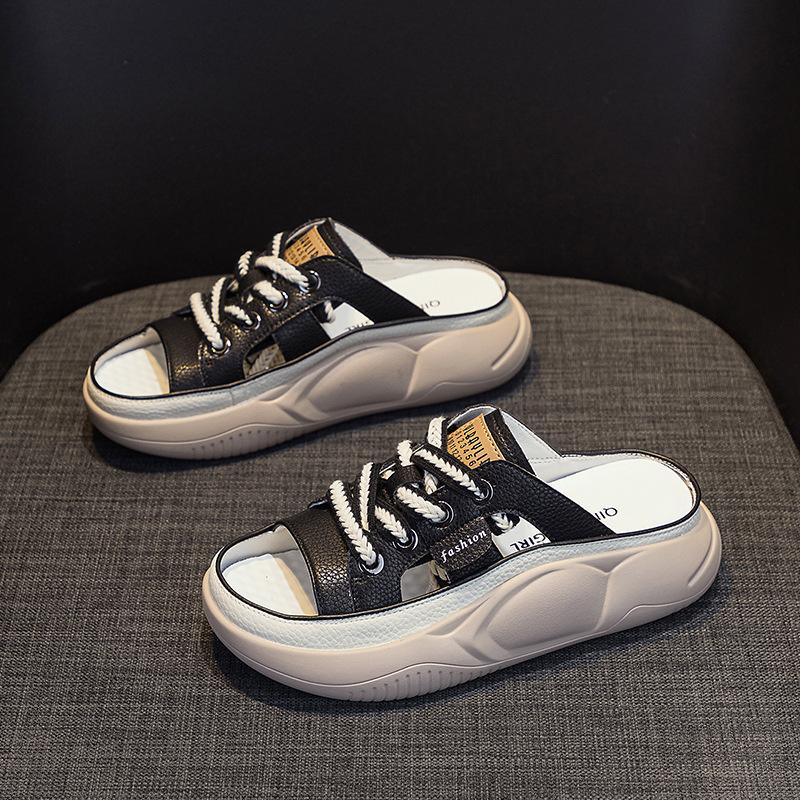 Шлепанцы из натуральной кожи Женские Ажурные Мюли Летние С открытым носком Дышащие Повседневные Туфли Клинья Платформа Кроссовки на шнуровке