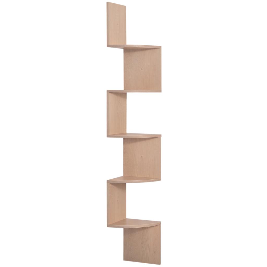 Corner Wall Storage Shelf Zigzag Shape 20L x 20W x 126H cm 5 Levels Light Oak Wood