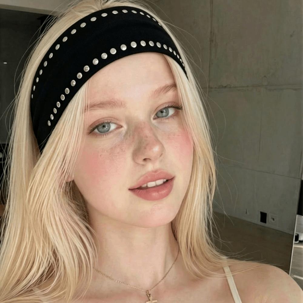 Double Row Sports Headband Wide Metal Stud Hair Wrap Trendy Elastic Hairband Running