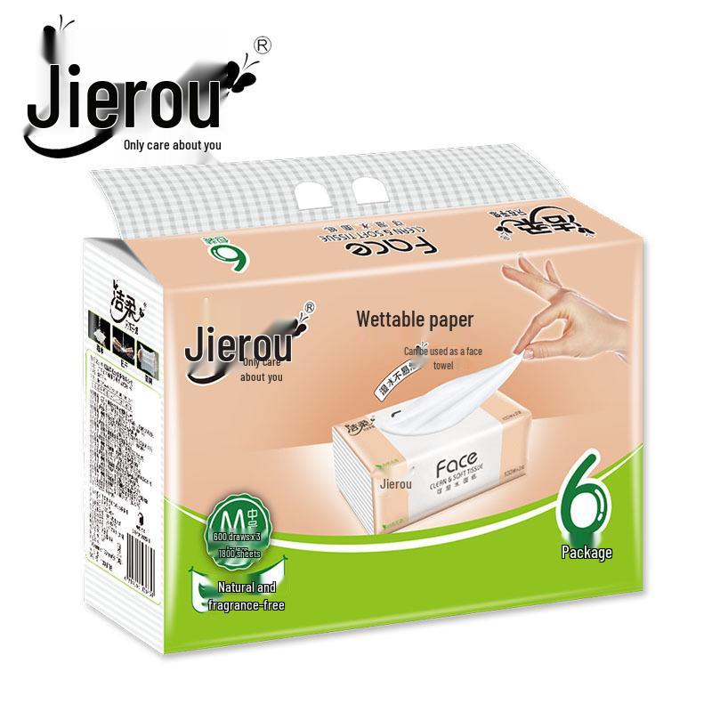 Jie Rou Unscented 3-Ply Face Tissue, 6 Packs x 100 Sheets, Wet-Wipeable, Household Use