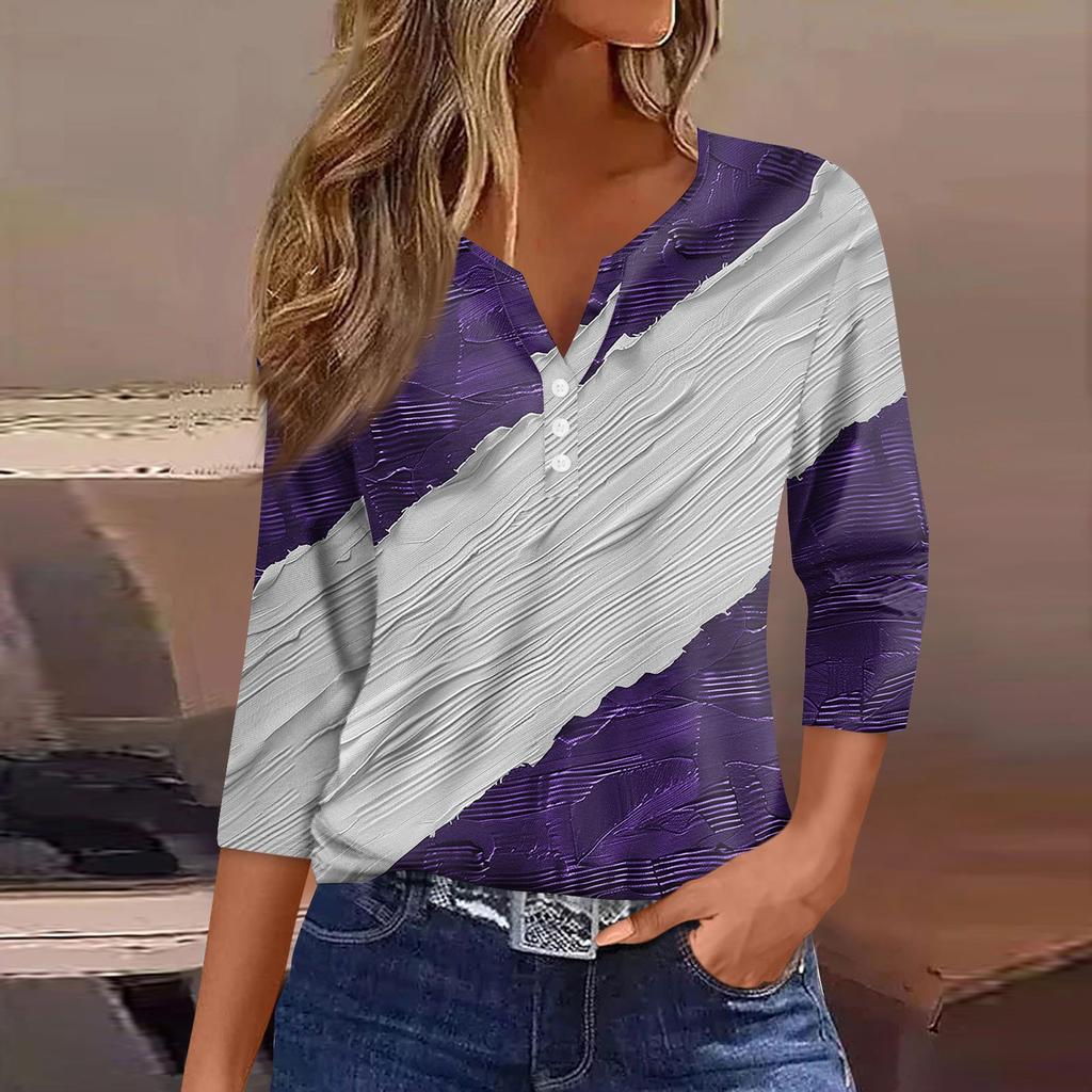 Жен. Футболка Футболка С принтом Пуговицы Рукав 3/4 Повседневные Выходные Мода Классический Классический V-образный вырез Обычный Верх