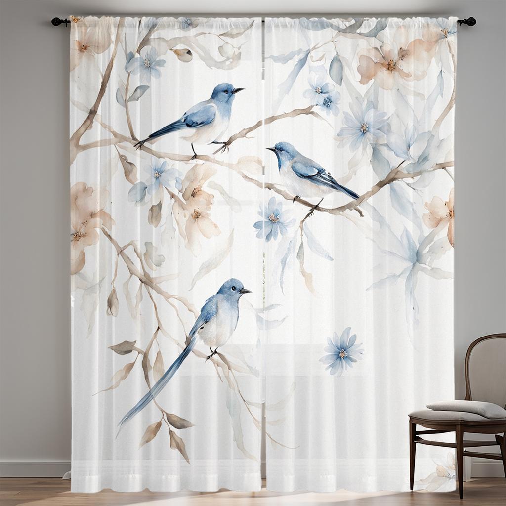 2Pc Gorgeous Blue Floral Print Curtains, Polyester Fabric, Machine Washable, Suitable For Living Rooms And Bedrooms