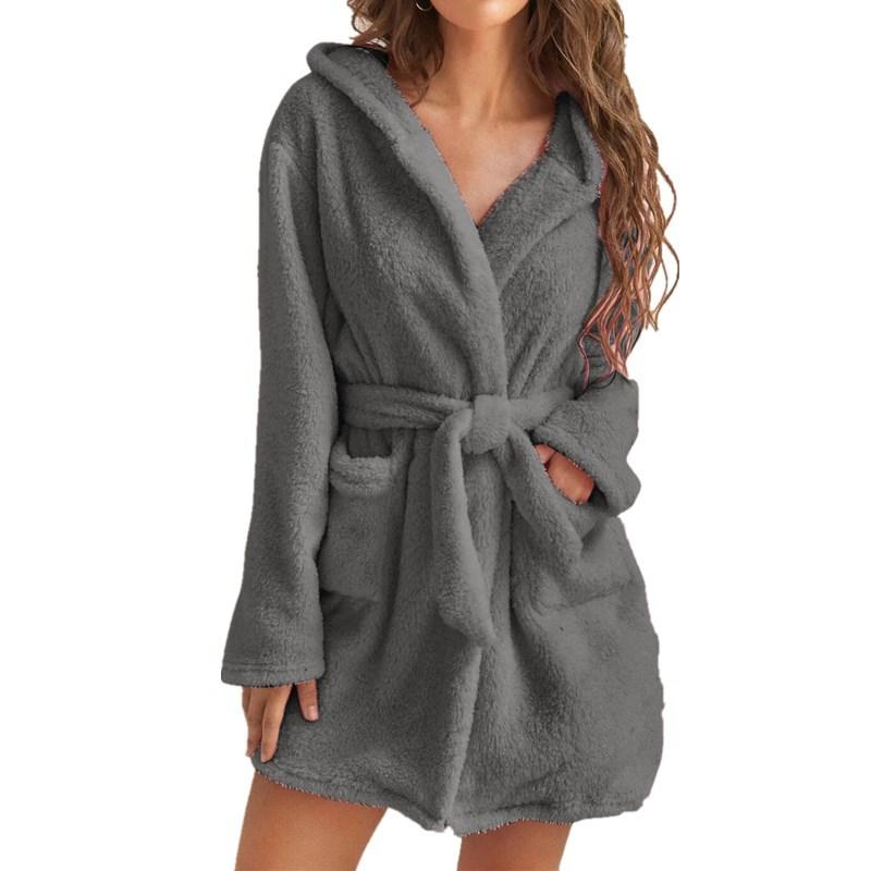 Autumn Winter Women Bath Robe Fluffy Plush Pyjamas Ladies Sexy Hooded Dressing Solid Color Gown Warm Bathrobe Female Loungewear