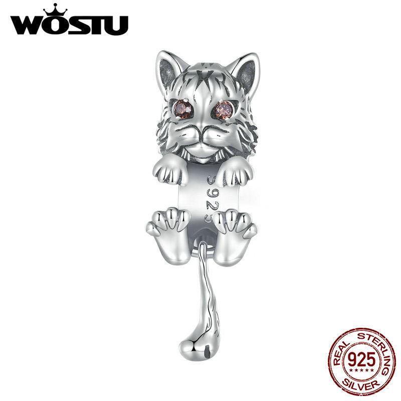 WOSTU Стерлингового серебра 925 пробы, белый орел, подвесная бусина, синий циркон, кулон, яркие подвески в виде рыси, бусины в форме кошки для женщин, браслет и ожерелье, ювелирные изделия