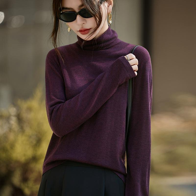 French Minimalist Style Stacked Collar Knitted Bottomed Wool Sweater Women'S New Inner Thin Warm Sweater Top